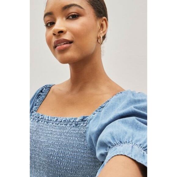 GAP Puff Sleeve Square Neck Denim Midi Dress Women's XXL Medium Wash New with Ta - Picture 5 of 8